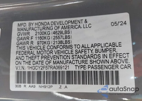 2024 Honda Accord Hybrid Sport z USA, uszkodzony, nr VIN 1HGCY2F57RA069121